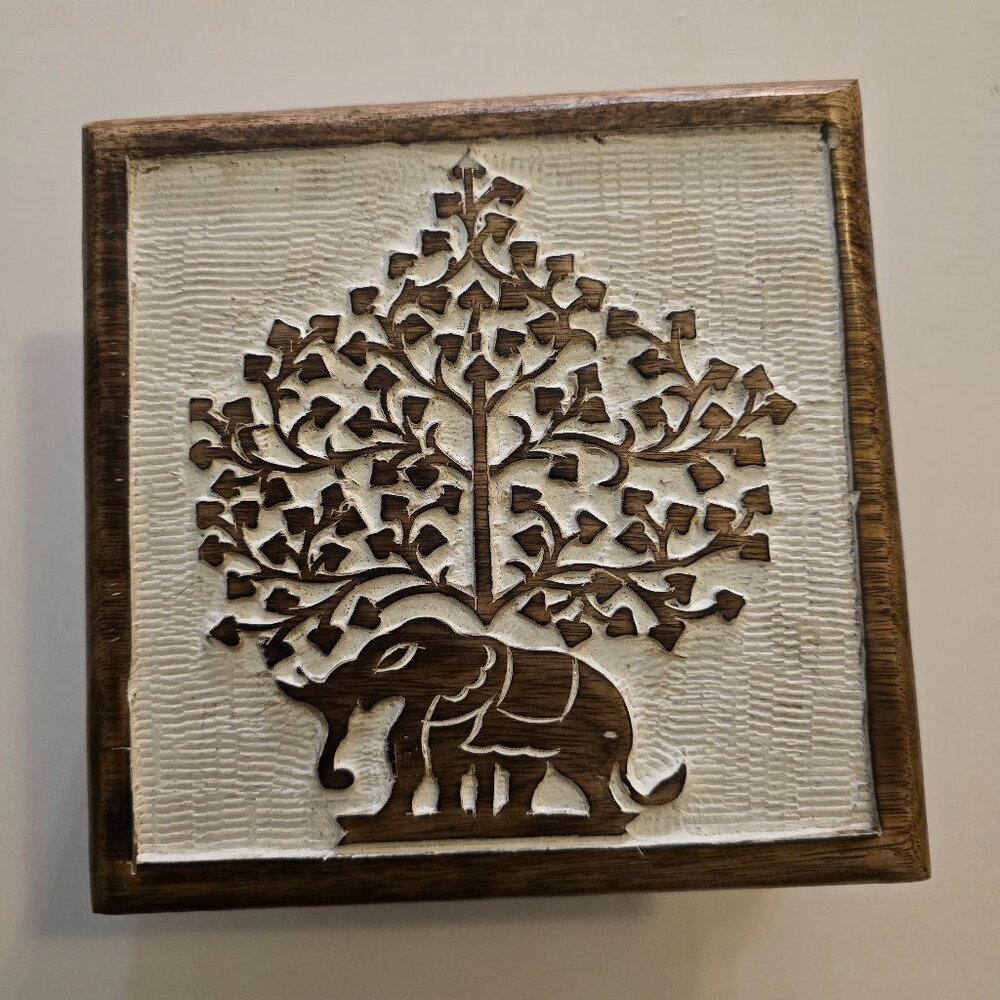 Carved Wood Elephant Box Tree of Life Boho Handmade Trinket Storage Box 7x7
